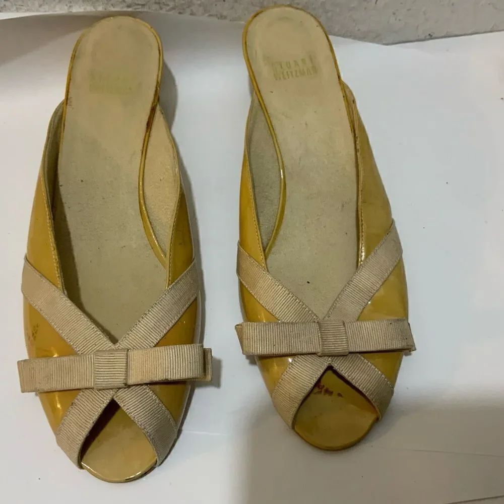 Stuart weitzman Vintage 80s Yellow Short Pumps Fabric Bow Detail Peep Toe